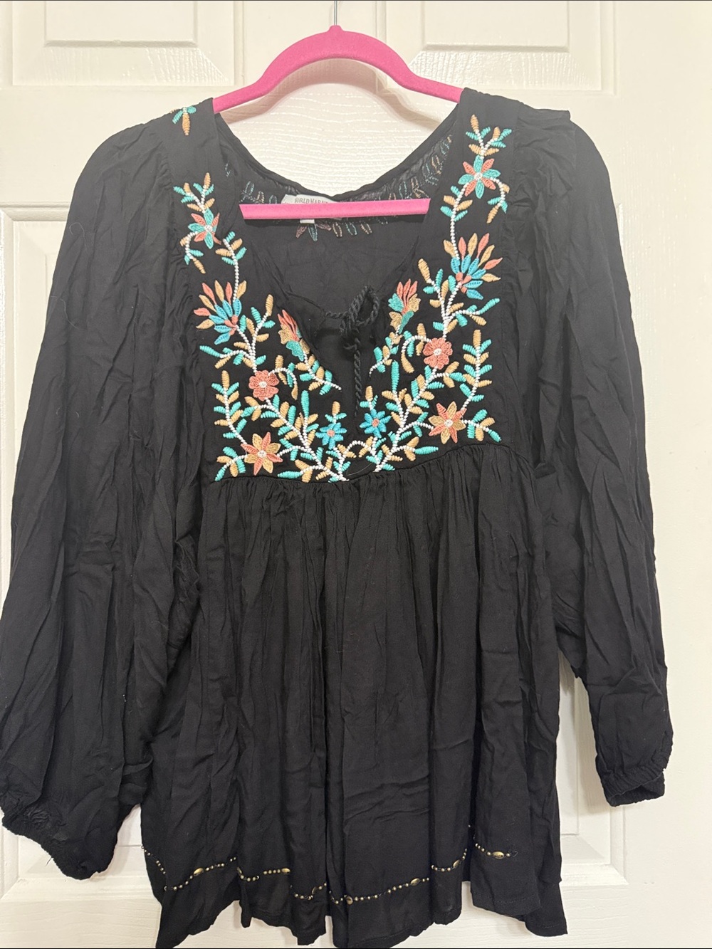 Cost Plus World Market Black Peasant Tunic with Multicolor Floral Embroidery